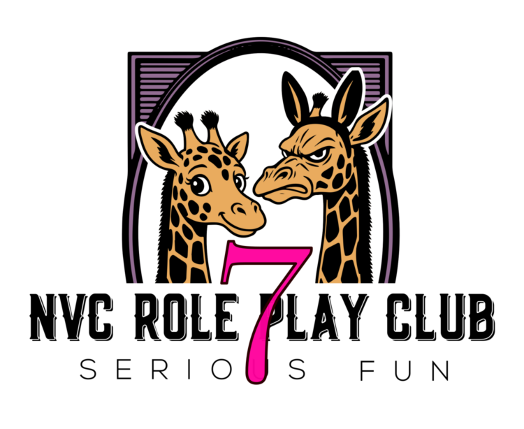 Two cartoon giraffes. One is wearing jackal ears. The text says NVC ROle Play Club 7
